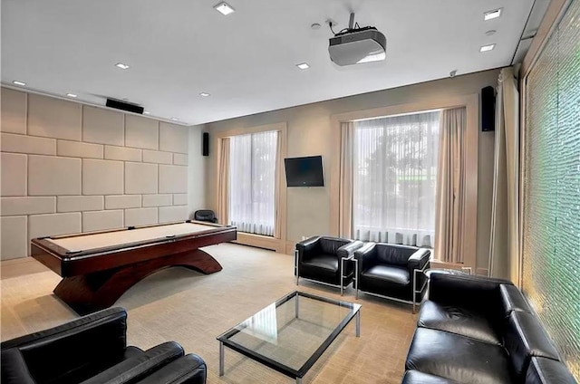 rec room featuring light colored carpet and billiards