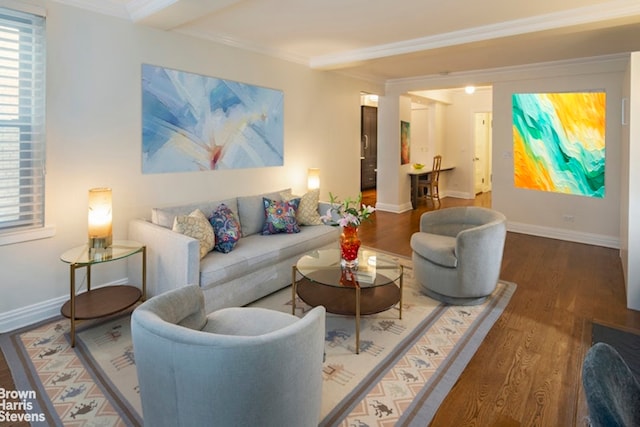 living area with baseboards, ornamental molding, and wood finished floors