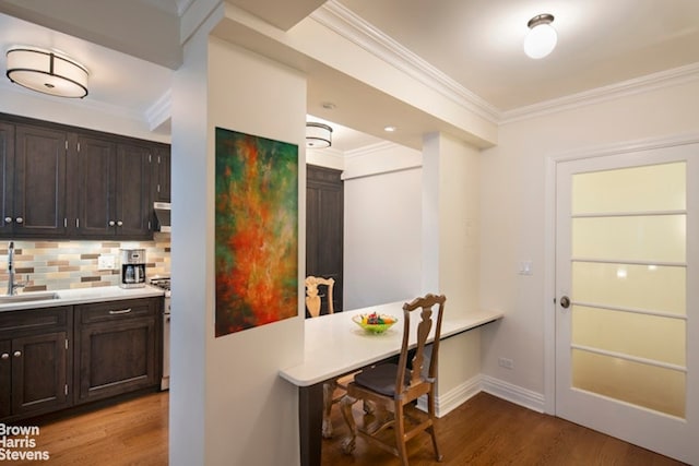 kitchen with decorative backsplash, ornamental molding, wood finished floors, light countertops, and a sink