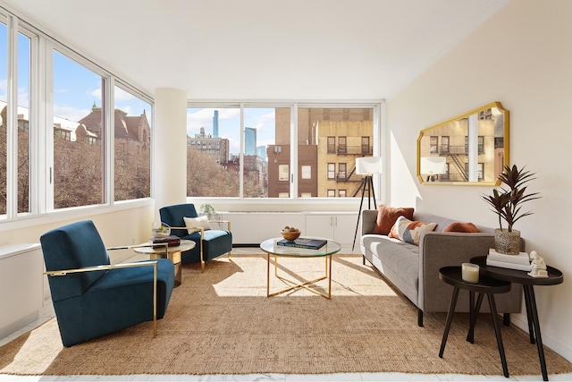 living area with crown molding, baseboards, and a city view