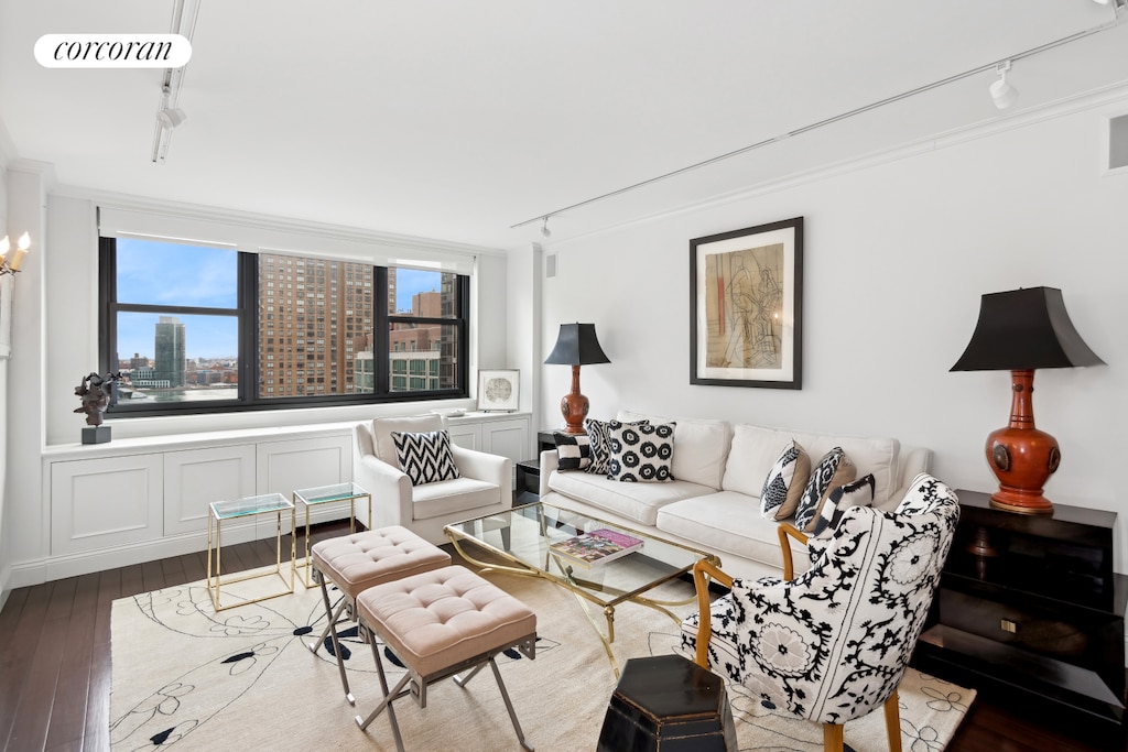340 E 93rd St Unit 17Hi, New York City, NY 10128 - living area featuring rail lighting, wood-type flooring, and a view of city