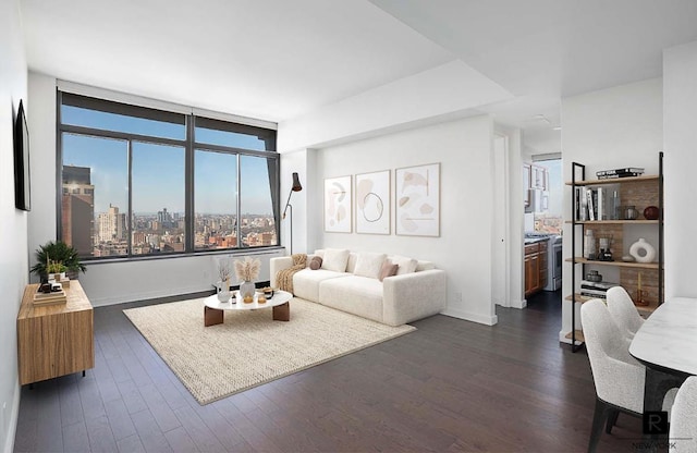 living room with a view of city, dark wood-style floors, and baseboards