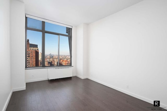 spare room featuring baseboards, dark wood-style flooring, and a city view