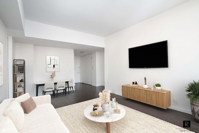 living room with baseboards and dark wood-type flooring