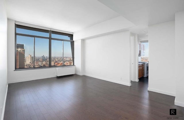 spare room featuring a city view, dark wood finished floors, and baseboards