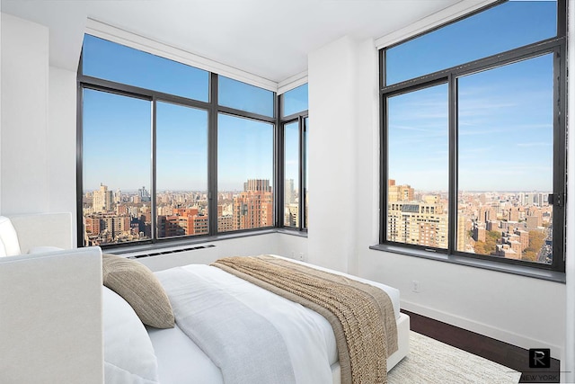bedroom with a city view, multiple windows, wood finished floors, and baseboards
