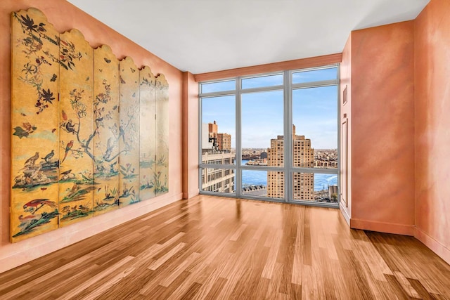 333 E 91st St Unit 31Cd, New York City, NY 10128 - unfurnished room with a wall of windows, wood finished floors, baseboards, and a view of city