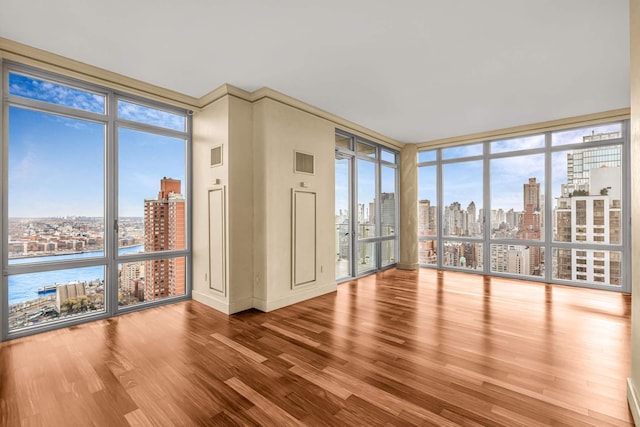 333 E 91st St Unit 31Cd, New York City, NY 10128 - spare room featuring a wall of windows, a view of skyline, wood finished floors, and baseboards