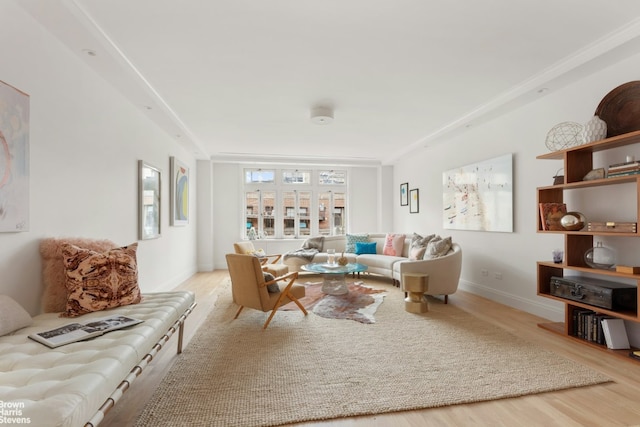 living room featuring ornamental molding and light hardwood / wood-style flooring