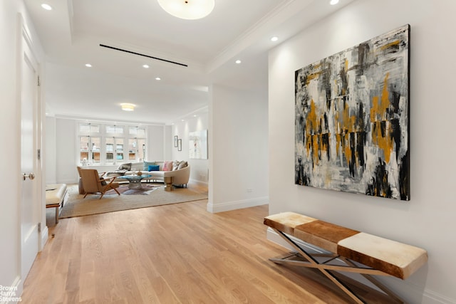 corridor with recessed lighting, baseboards, light wood-style flooring, and crown molding