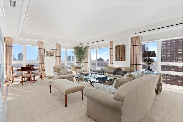 carpeted living room featuring a tray ceiling, crown molding, and a healthy amount of sunlight