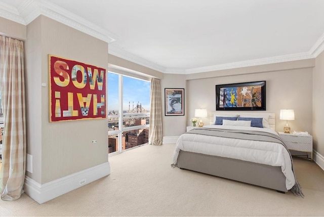 bedroom with carpet and ornamental molding