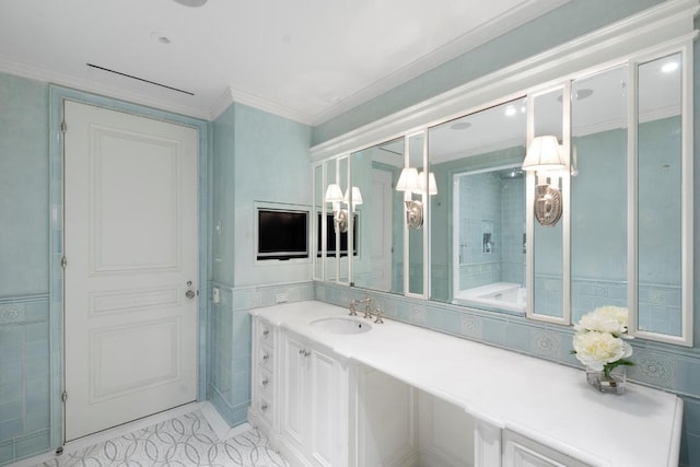 bathroom featuring vanity, tile patterned flooring, and ornamental molding