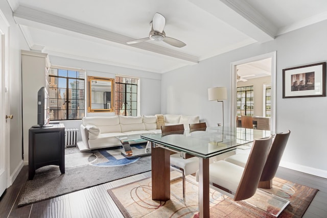 dining area featuring beam ceiling, radiator, wood-type flooring, and crown molding