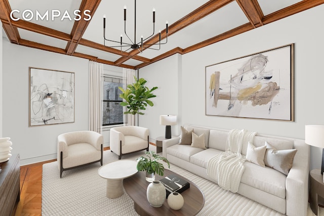 living area featuring a chandelier, coffered ceiling, beamed ceiling, and baseboards