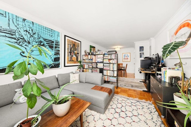 living room with crown molding and light parquet floors