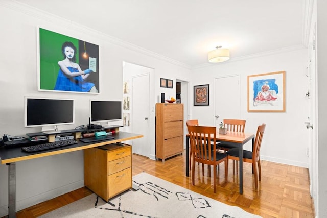 office space featuring crown molding and light parquet floors