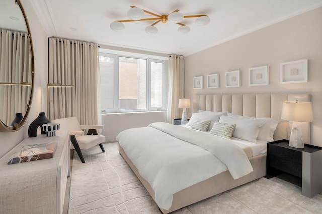 bedroom featuring crown molding, light tile patterned floors, and ceiling fan