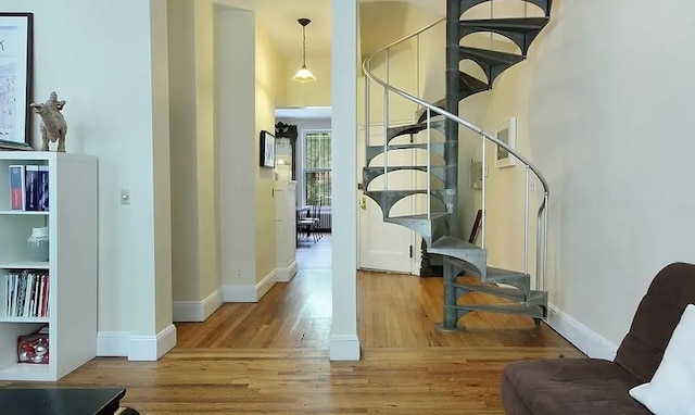 entrance foyer featuring a towering ceiling, baseboards, and wood finished floors