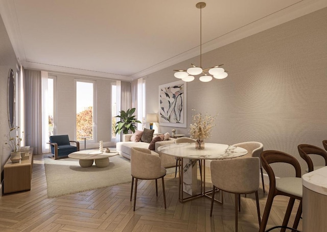 dining area featuring crown molding and parquet flooring