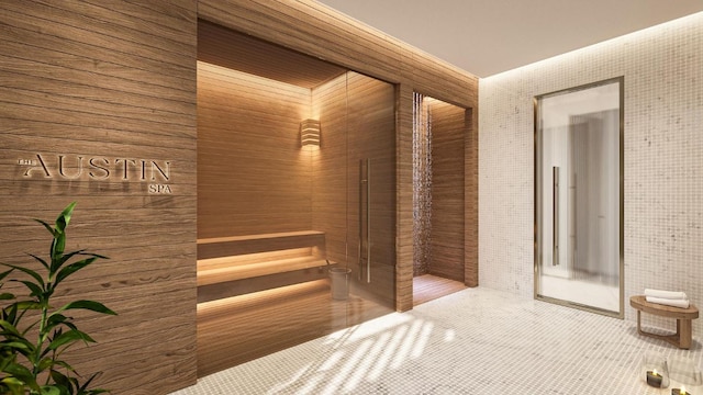 view of sauna with tile patterned floors