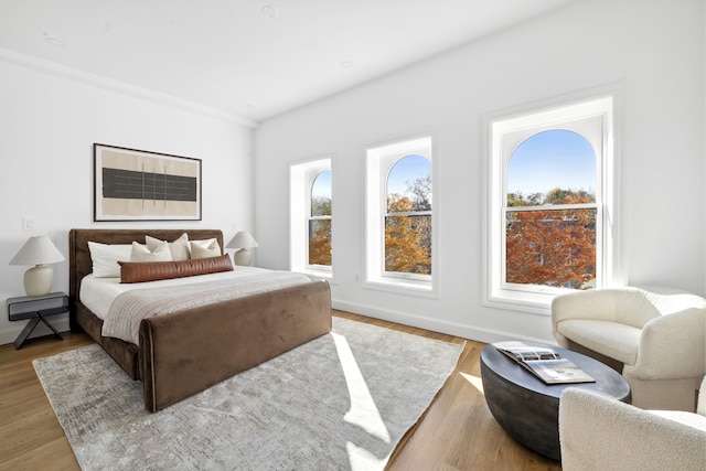 bedroom with wood finished floors and baseboards