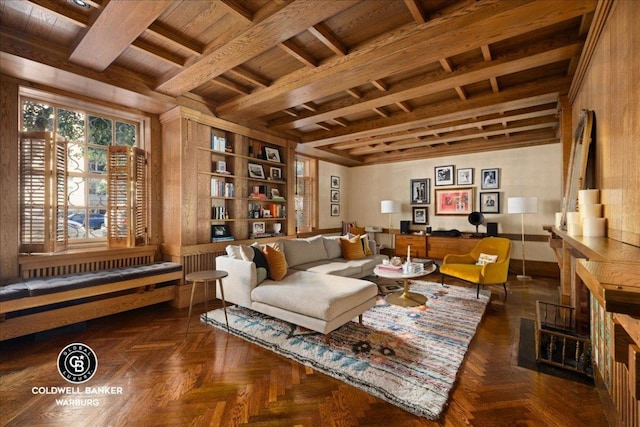 living area with beam ceiling and dark parquet floors