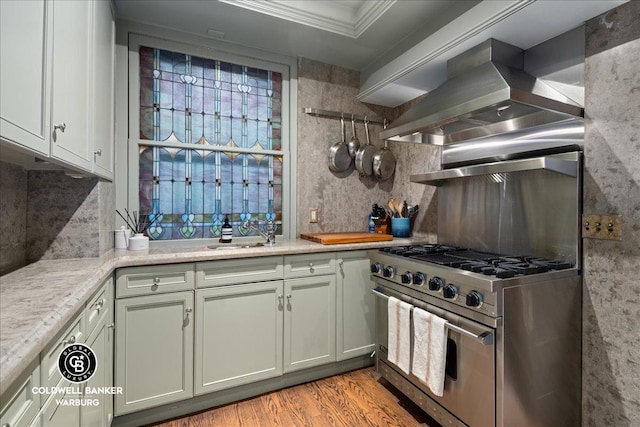520 E 86th St Unit 1/2C, New York City, NY 10028 - kitchen featuring light wood-style flooring, exhaust hood, ornamental molding, a sink, and light countertops