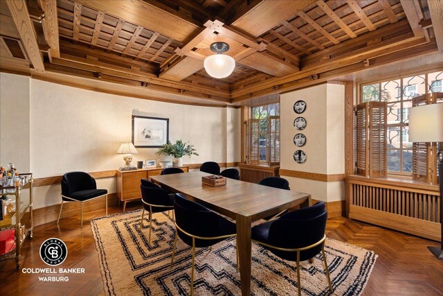 520 E 86th St Unit 1/2C, New York City, NY 10028 - dining area featuring coffered ceiling, baseboards, wooden ceiling, and beam ceiling