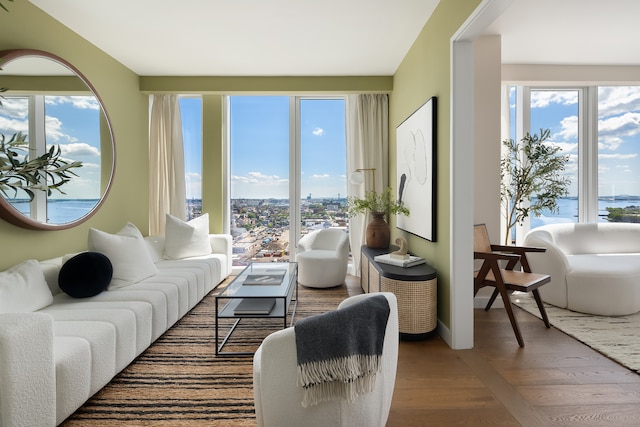 living area featuring a view of city, wood finished floors, and a wealth of natural light