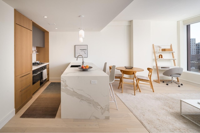 kitchen featuring light wood-type flooring, an island with sink, appliances with stainless steel finishes, modern cabinets, and a sink