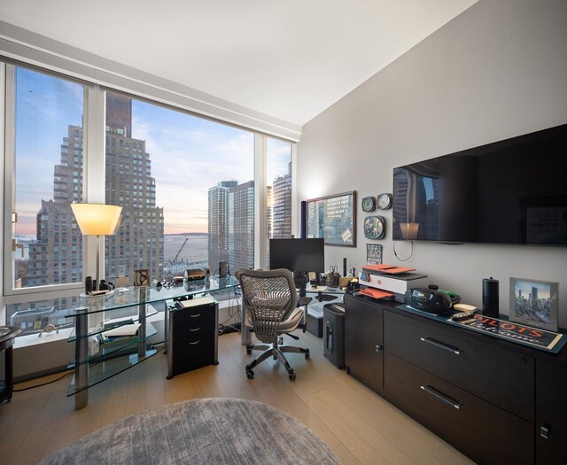 office area with light wood-type flooring and floor to ceiling windows