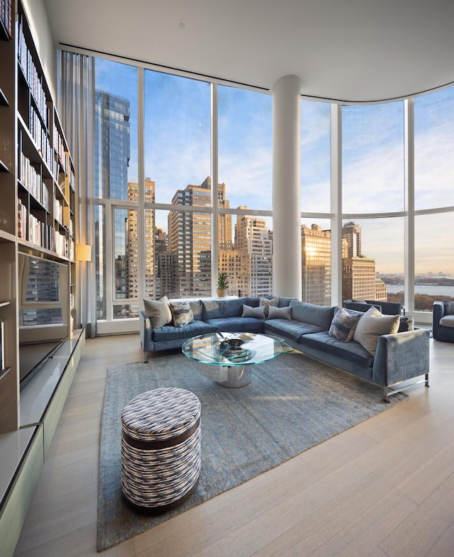 living room featuring a view of city, light wood-type flooring, expansive windows, and a wealth of natural light