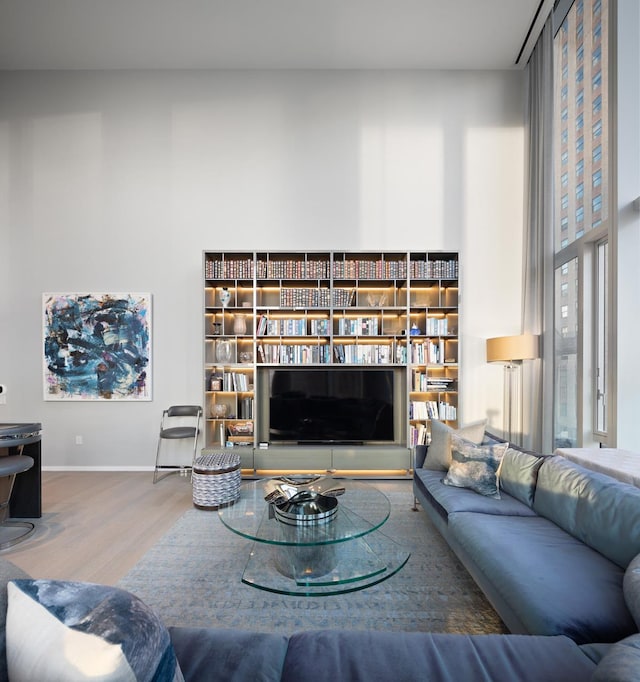 living area with baseboards and wood finished floors
