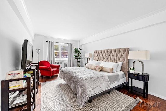 bedroom featuring dark wood-type flooring and crown molding