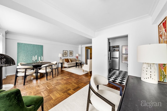 living room featuring parquet flooring and ornamental molding