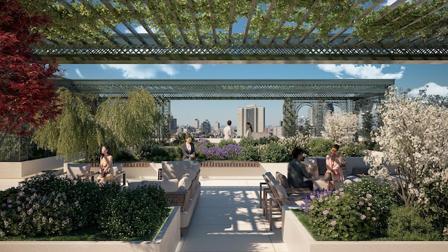 view of patio with a city view, outdoor lounge area, and a pergola