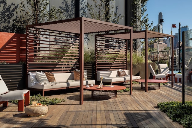 wooden deck featuring an outdoor living space