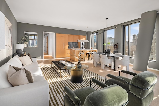 living area featuring baseboards, plenty of natural light, and a view of city