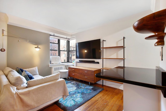 living area featuring radiator, crown molding, and wood finished floors