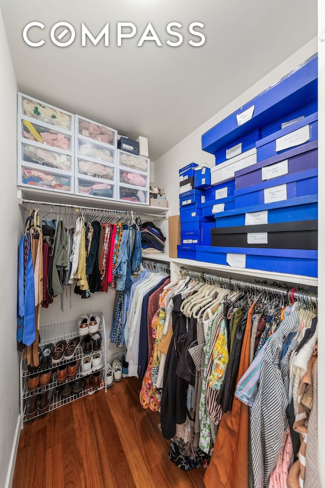 walk in closet with wood finished floors