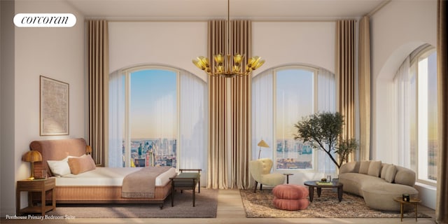 bedroom with hardwood / wood-style flooring and a chandelier