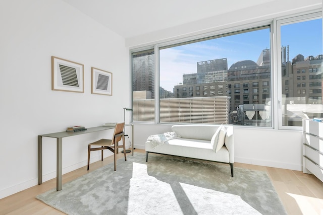 sitting room with a city view, plenty of natural light, wood finished floors, and baseboards