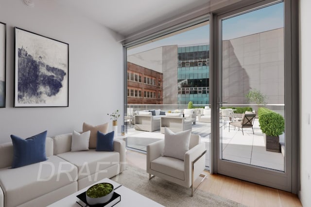 living area featuring expansive windows and wood finished floors