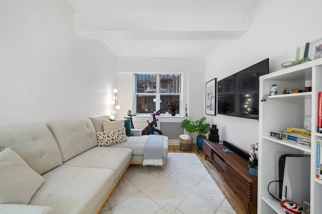 living room featuring beam ceiling and hardwood / wood-style flooring