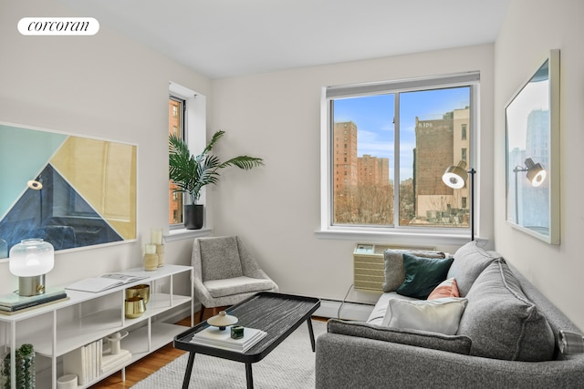 sitting room with a view of city, visible vents, and wood finished floors