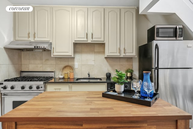 kitchen featuring stainless steel appliances, under cabinet range hood, a sink, and wood counters