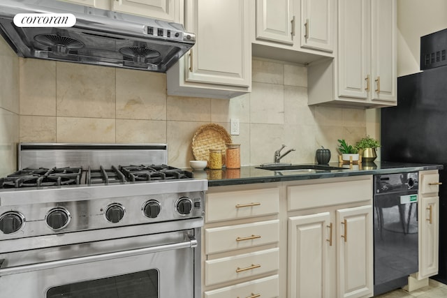 kitchen with stainless steel range, decorative backsplash, dishwasher, under cabinet range hood, and a sink