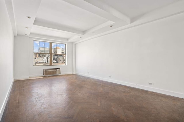 empty room featuring dark parquet floors and a wall mounted air conditioner