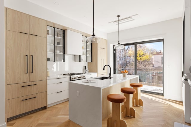 kitchen with a sink, modern cabinets, a kitchen island with sink, and light brown cabinets